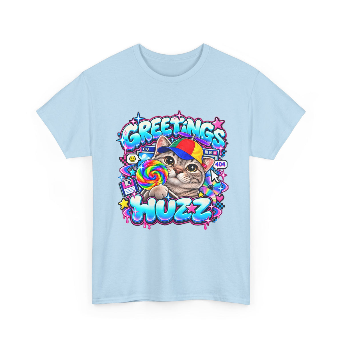 Greetings Huzz Cat T-Shirt, Funny Gen Z Meme Graphic Tee, Silly Cat Lollipop Shirt, Brainrot Humor Tee, Cute Cartoon Unisex Gift