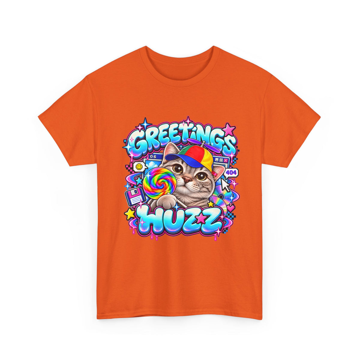 Greetings Huzz Cat T-Shirt, Funny Gen Z Meme Graphic Tee, Silly Cat Lollipop Shirt, Brainrot Humor Tee, Cute Cartoon Unisex Gift