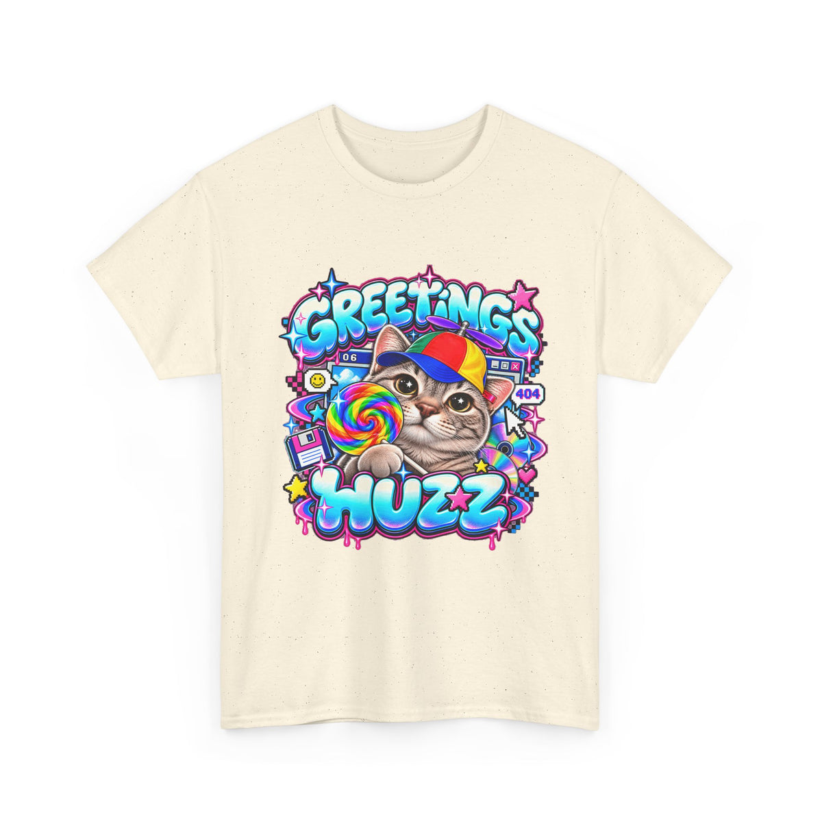 Greetings Huzz Cat T-Shirt, Funny Gen Z Meme Graphic Tee, Silly Cat Lollipop Shirt, Brainrot Humor Tee, Cute Cartoon Unisex Gift