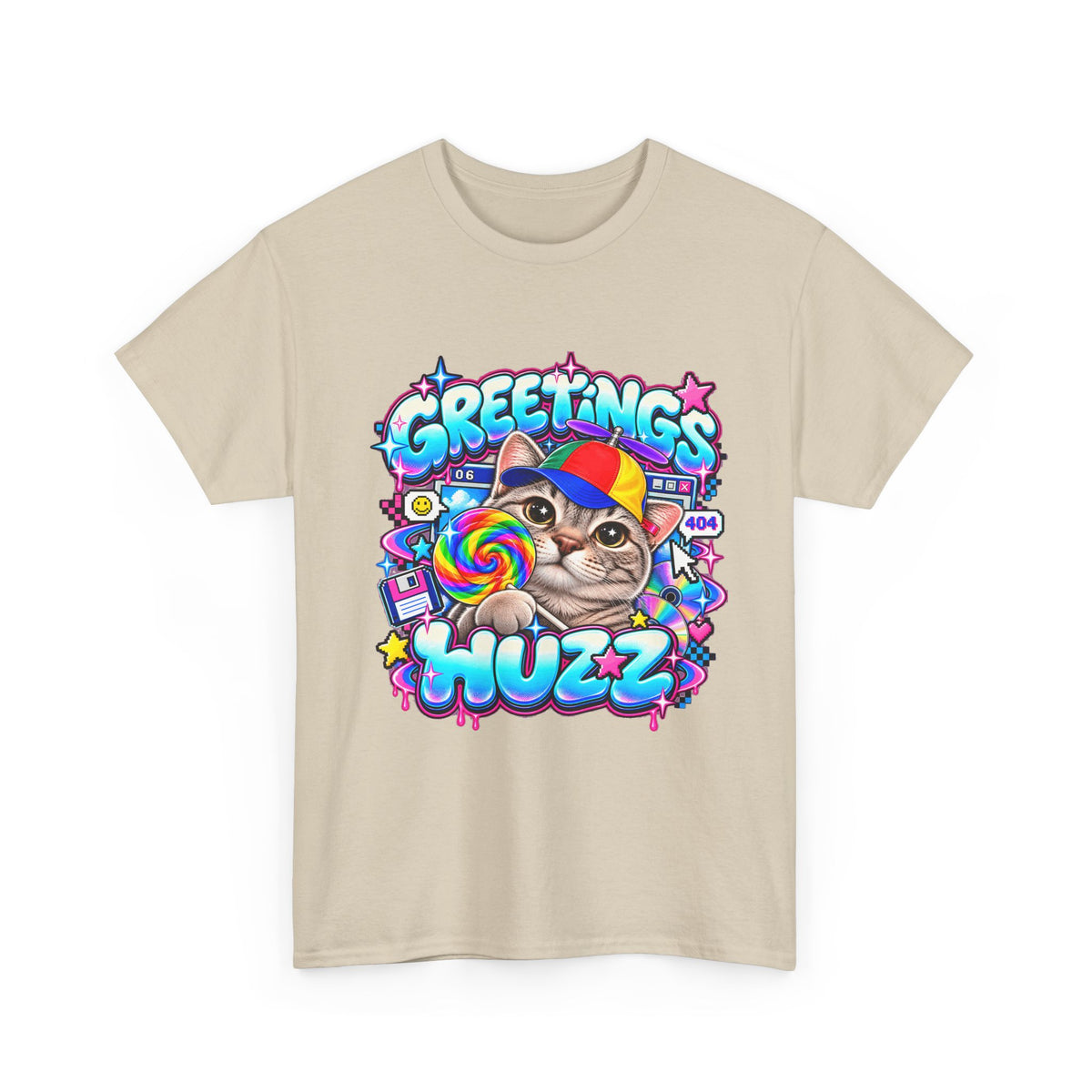 Greetings Huzz Cat T-Shirt, Funny Gen Z Meme Graphic Tee, Silly Cat Lollipop Shirt, Brainrot Humor Tee, Cute Cartoon Unisex Gift