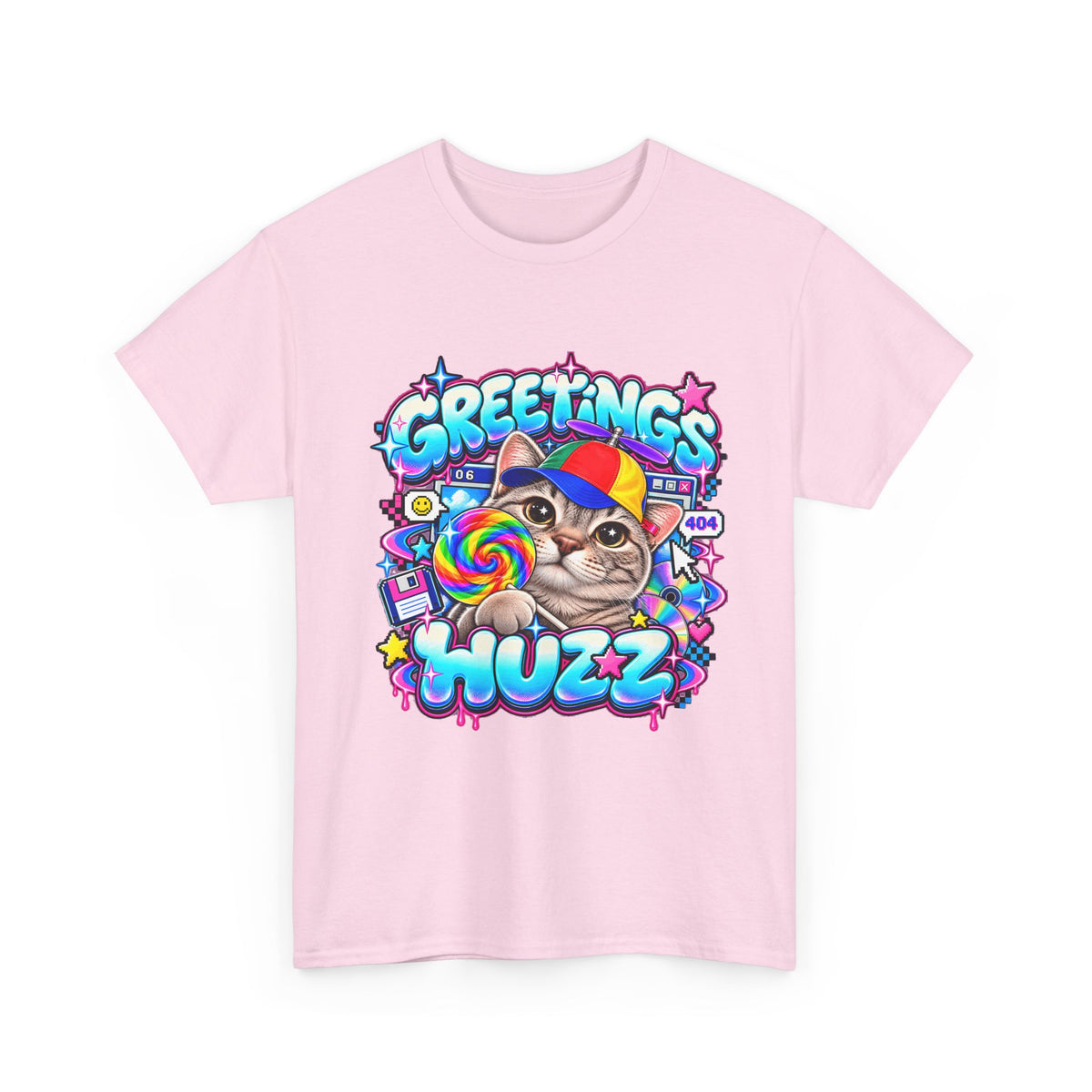 Greetings Huzz Cat T-Shirt, Funny Gen Z Meme Graphic Tee, Silly Cat Lollipop Shirt, Brainrot Humor Tee, Cute Cartoon Unisex Gift