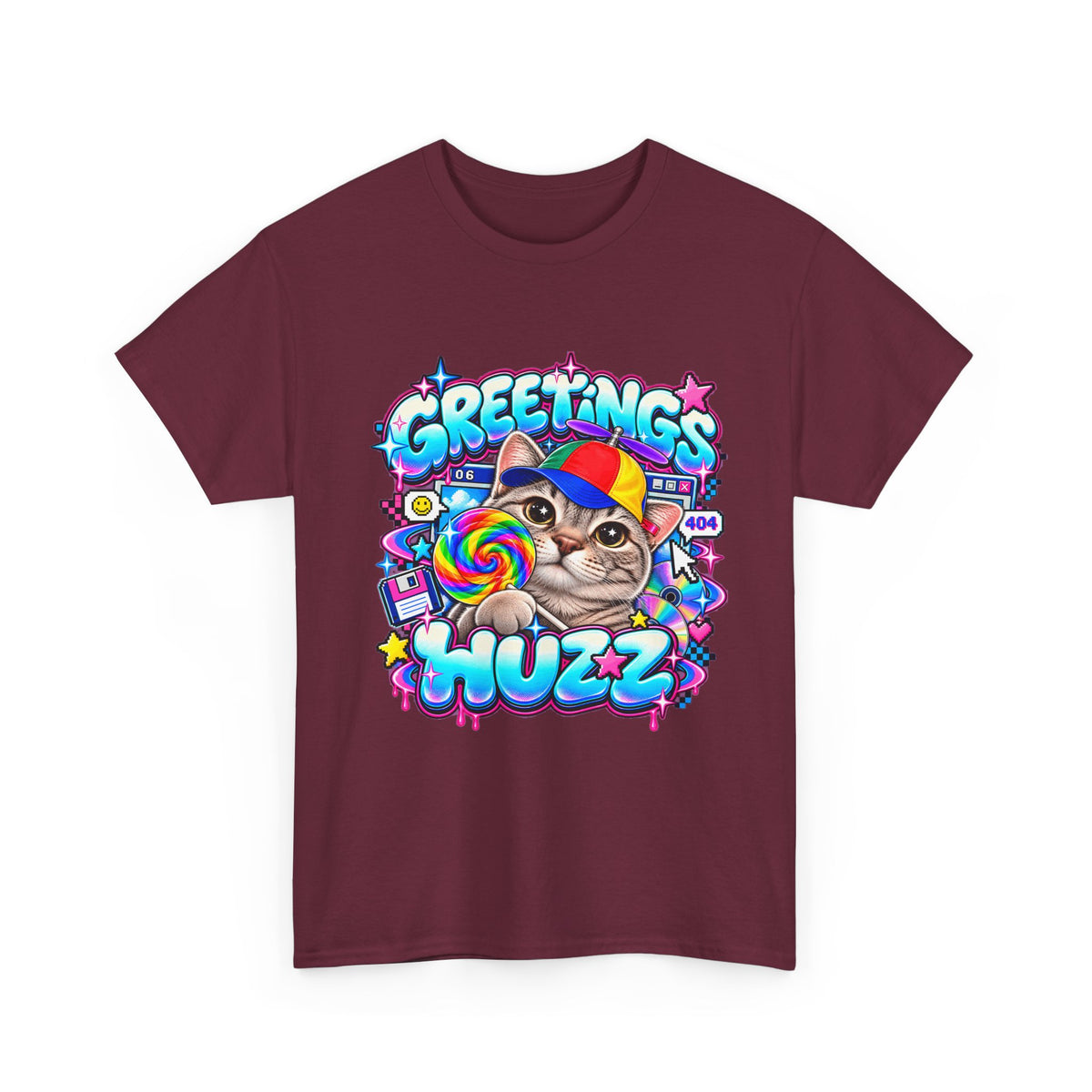 Greetings Huzz Cat T-Shirt, Funny Gen Z Meme Graphic Tee, Silly Cat Lollipop Shirt, Brainrot Humor Tee, Cute Cartoon Unisex Gift
