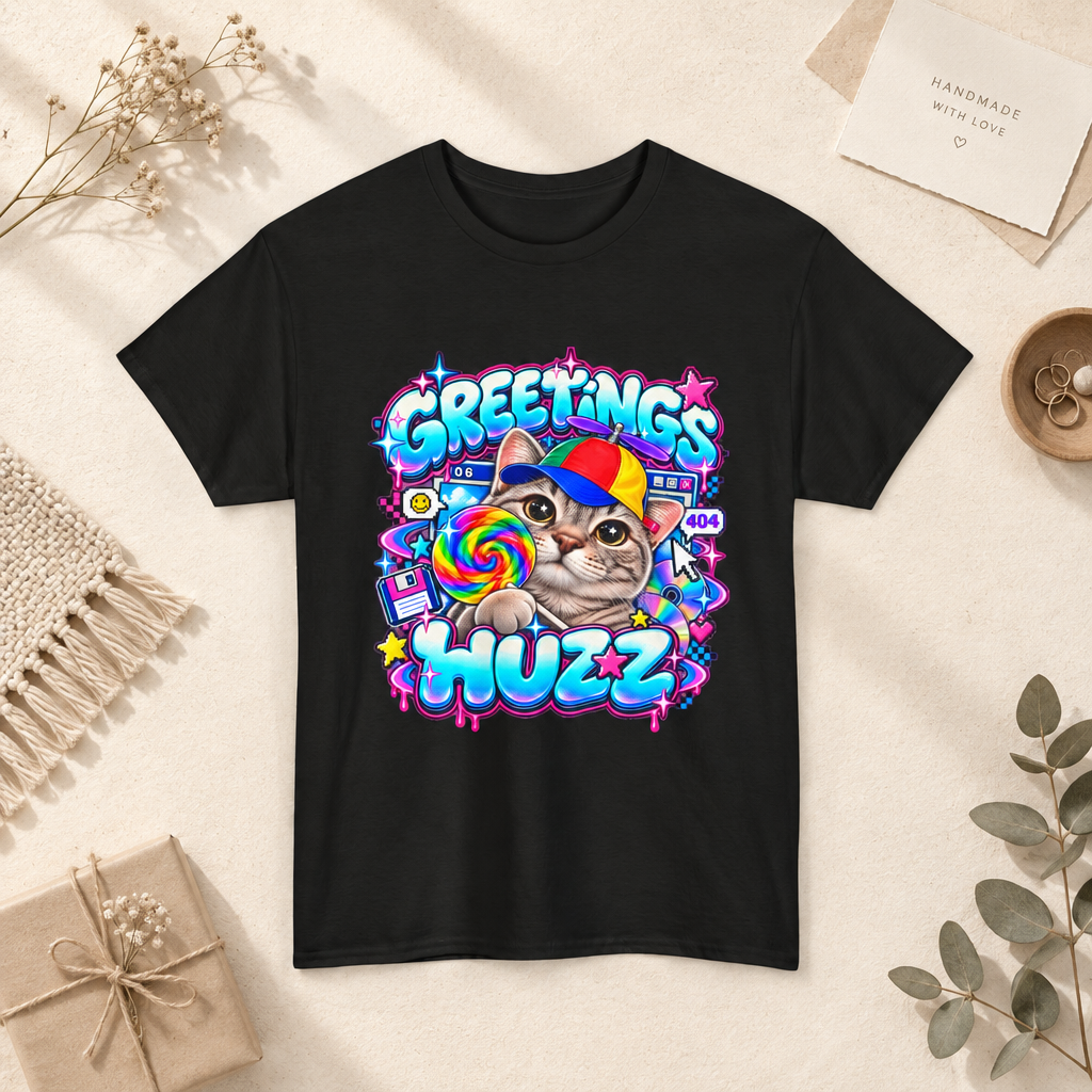 Greetings Huzz Cat T-Shirt, Funny Gen Z Meme Graphic Tee, Silly Cat Lollipop Shirt, Brainrot Humor Tee, Cute Cartoon Unisex Gift