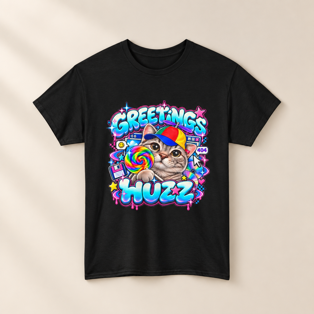 Greetings Huzz Cat T-Shirt, Funny Gen Z Meme Graphic Tee, Silly Cat Lollipop Shirt, Brainrot Humor Tee, Cute Cartoon Unisex Gift