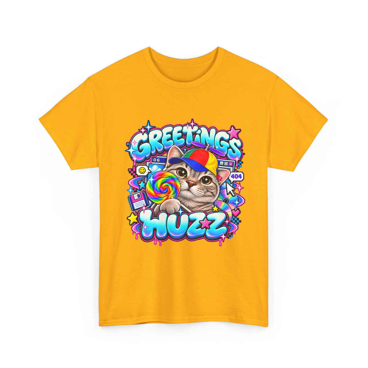 Greetings Huzz Cat T-Shirt, Funny Gen Z Meme Graphic Tee, Silly Cat Lollipop Shirt, Brainrot Humor Tee, Cute Cartoon Unisex Gift