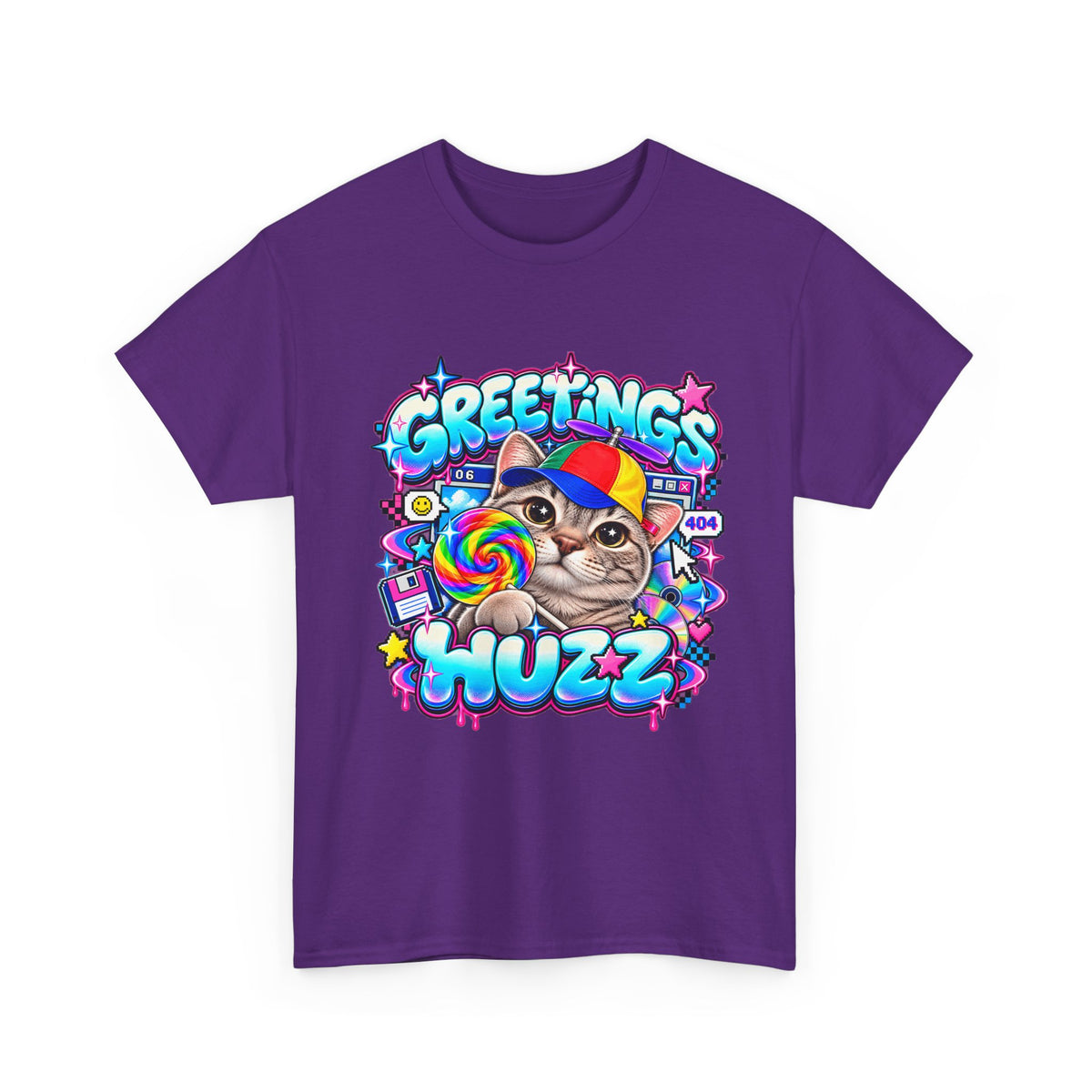 Greetings Huzz Cat T-Shirt, Funny Gen Z Meme Graphic Tee, Silly Cat Lollipop Shirt, Brainrot Humor Tee, Cute Cartoon Unisex Gift
