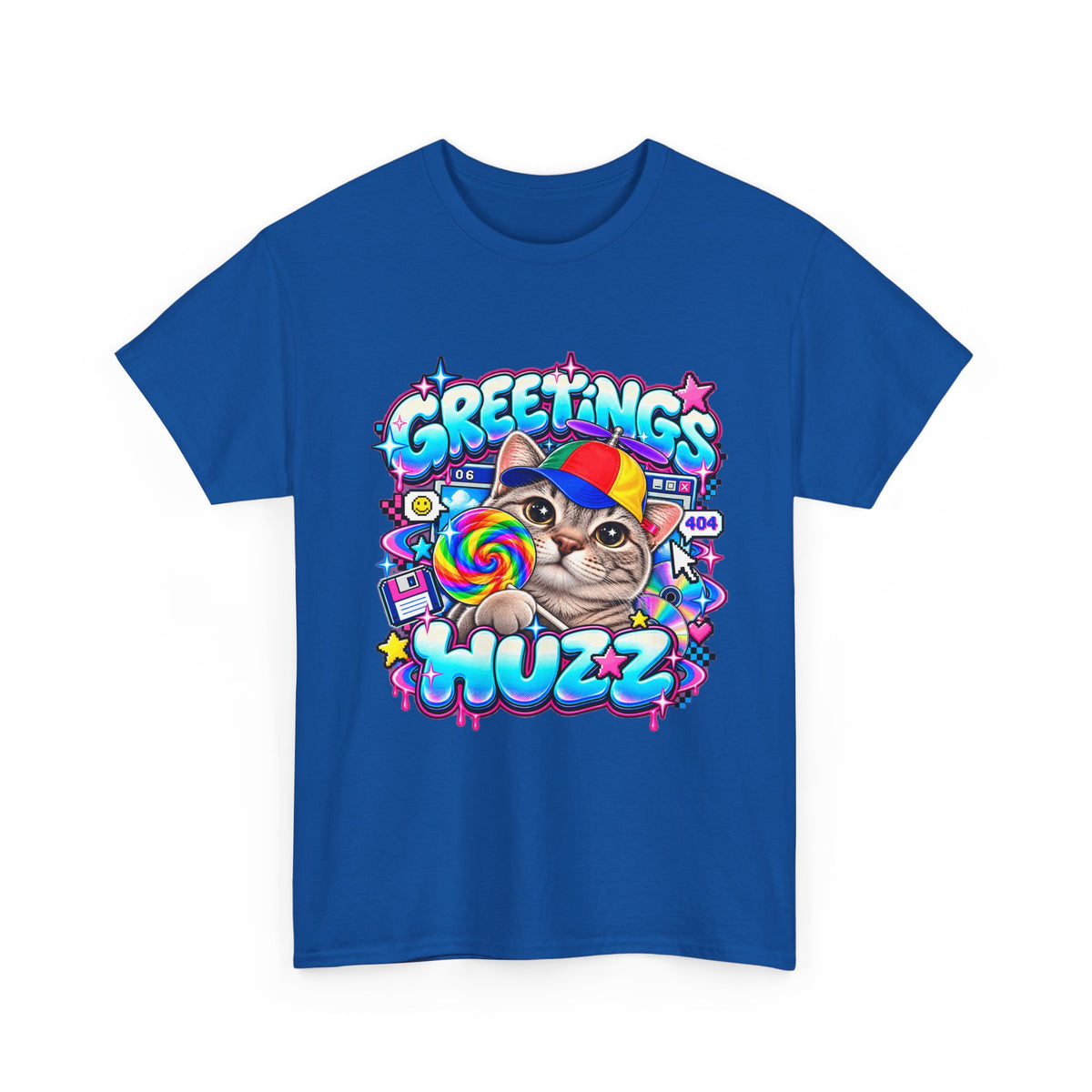 Greetings Huzz Cat T-Shirt, Funny Gen Z Meme Graphic Tee, Silly Cat Lollipop Shirt, Brainrot Humor Tee, Cute Cartoon Unisex Gift