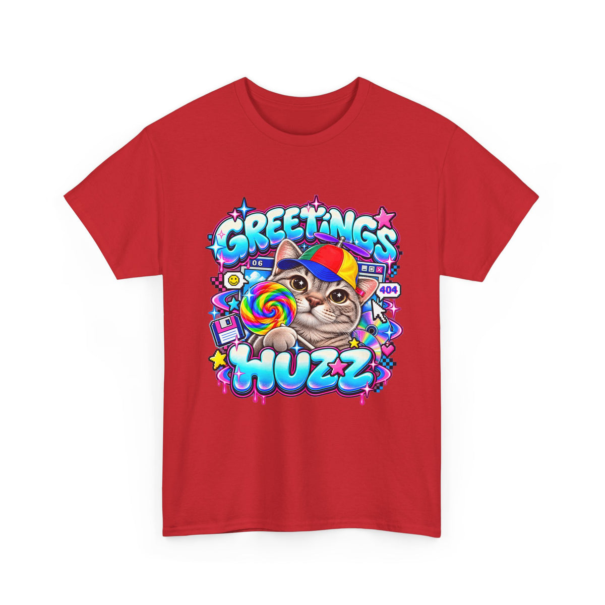 Greetings Huzz Cat T-Shirt, Funny Gen Z Meme Graphic Tee, Silly Cat Lollipop Shirt, Brainrot Humor Tee, Cute Cartoon Unisex Gift