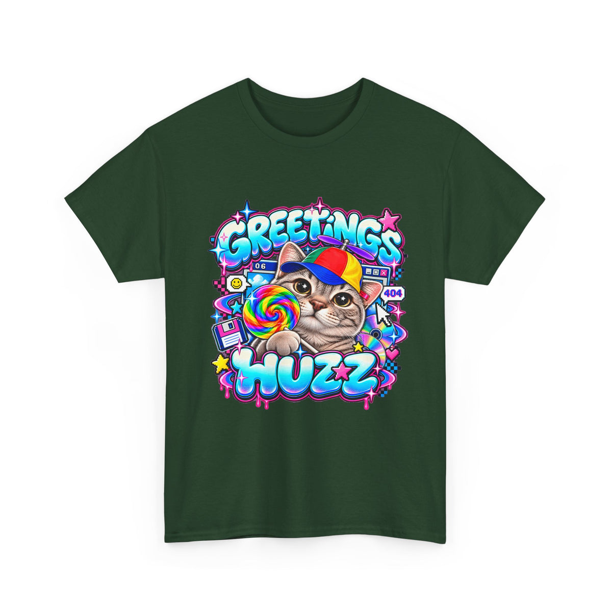 Greetings Huzz Cat T-Shirt, Funny Gen Z Meme Graphic Tee, Silly Cat Lollipop Shirt, Brainrot Humor Tee, Cute Cartoon Unisex Gift