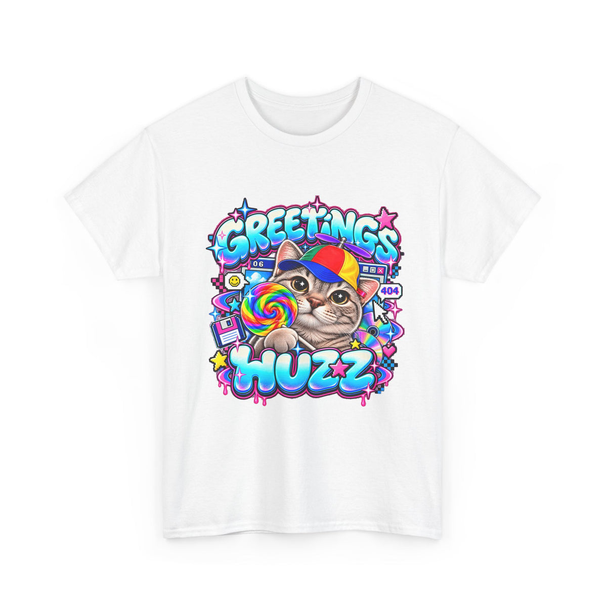 Greetings Huzz Cat T-Shirt, Funny Gen Z Meme Graphic Tee, Silly Cat Lollipop Shirt, Brainrot Humor Tee, Cute Cartoon Unisex Gift