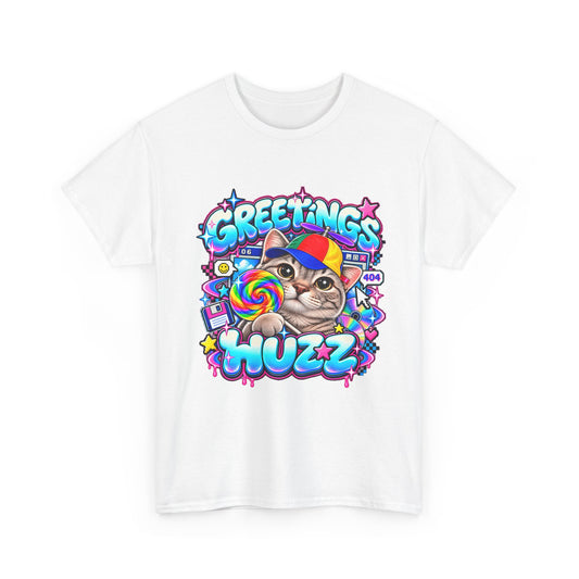 Greetings Huzz Cat T-Shirt, Funny Gen Z Meme Graphic Tee, Silly Cat Lollipop Shirt, Brainrot Humor Tee, Cute Cartoon Unisex Gift