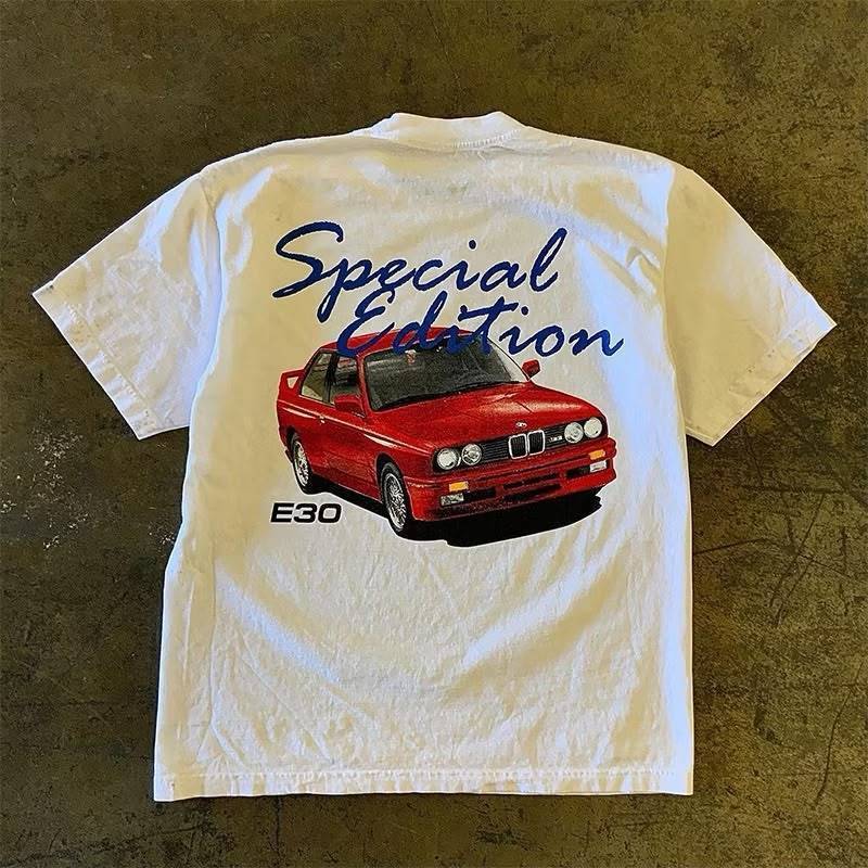 Kaos Retro Street Style Motif Mobil Print Cotton Combed Unisex Hitam S-XXL Baju Pria & Wanita