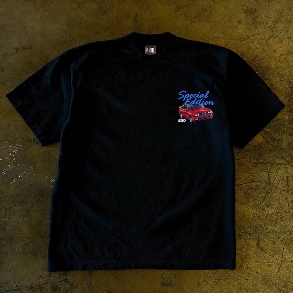 Kaos Retro Street Style Motif Mobil Print Cotton Combed Unisex Hitam S-XXL Baju Pria & Wanita