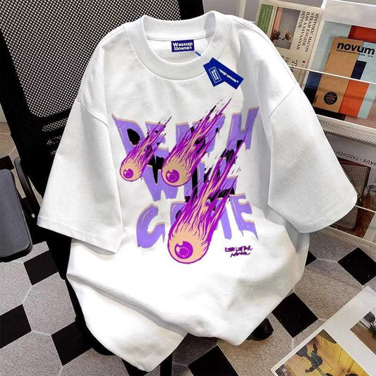 KAOS American retro Style T-shirt Oversize Flame letters Print top| Kaos Wanita Hitam | Kaos pria dan wanita | Street Style 100%Cotton top Kaos Cotton Combed 30s Kaos Pria Terbaru